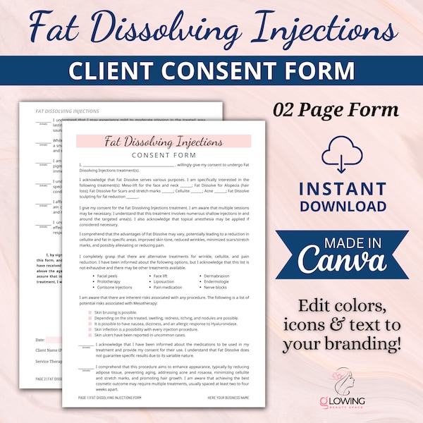 Fat Dissolving Injections Consent Form, Fat Dissolve Consent, Lipodissolve Forms, Fat Dissolve Forms, Esthetician Form, Aftercare Form,Canva