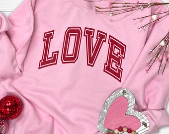 Oversized Love pink sweatshirt, Valentines Day top, Red love letters, Romantic Season, Cupids creation,  Romantic surprise, Present exchange