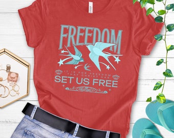 Freedom Christ has set us free cotton red tee, Christian streetwear, Jesus merch, Biblical verse, Blue Birds, Faith Based, Trendy crewneck