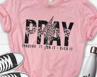 Pray through it on it over it, Oversized lightning bolt, leopard print, distressed faith based tshirt, Religious merch, Jesus lover gift