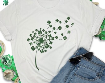 Saint Partick's day green dandelion tee, four leaf clover, Lucky, Irish humor shirt, Holiday wear, flower graphic, Unisex comfy soft top