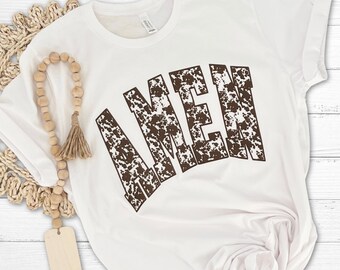 Amen Western style cowprint tee, Christian graphic top, Biblical inspired, Jesus merch, Faith based clothes, Trendy apparel, Cowgirl top