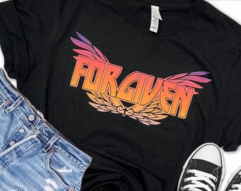 Fluorescent Forgiven Christian Tee, Rock and Roll vibe, Eagle wings, Jesus loves you merch, Gospel streetwear, Encouraging apparel