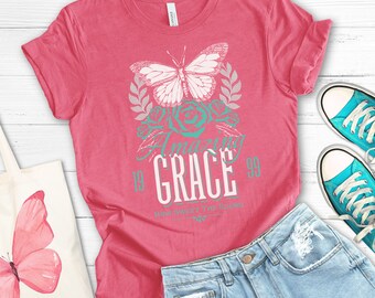 Amazing Grace pink cotton tee, Religious girl, Christian streetwear, Love Like Jesus, Inspirational apparel, Turquoise roses, women's top