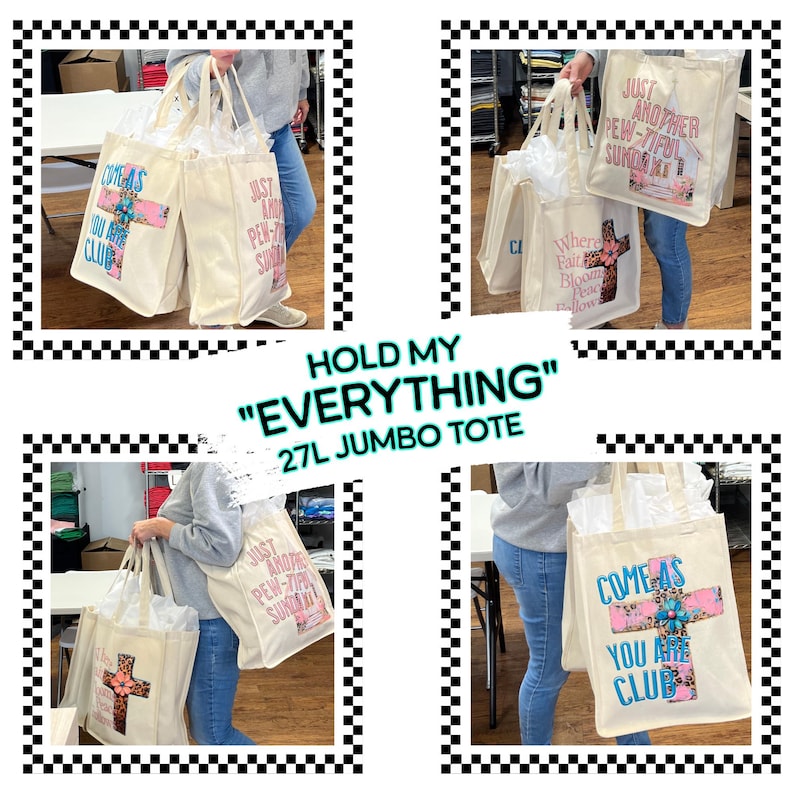 May include: Cream-colored jumbo tote bag with a floral cross design and the text "COME AS YOU ARE CLUB". The bag is held by a person. The bag is labeled "HOLD MY EVERYTHING" and is 27L.