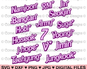 Nazwy członków Purple OT7 – SVG, DxF, PNG, Jpeg – Natychmiastowe pobranie pliku ZIP – Inspirowane K-Popem – RM, Jin, Suga, Hobi, Jimin, V, Jungkook, Army