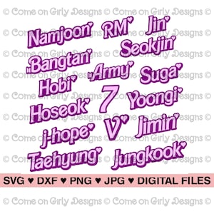 Lila OT7 Mitgliedsnamen - SVG, DxF, PNG, JPEG - Sofortiger Zip-Datei-Download - K-Pop inspiriert - RM, Jin, Suga, Hobi, Jimin, V, Jungkook, Army