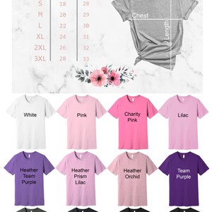 May include: Size chart for Bella + Canvas unisex t-shirts. The chart shows chest and length measurements in inches for sizes XS to 3XL. The image also shows a variety of t-shirt colors, including white, pink, lilac, purple, heather team purple, heather prism lilac, heather orchid, deep heather, dark grey heather, and black heather.
