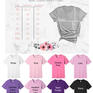 K&ouml;nnte beinhalten: Gr&ouml;&szlig;entabelle f&uuml;r Unisex-T-Shirts von Bella + Canvas. Die Tabelle zeigt Brust- und L&auml;ngenma&szlig;e in Zoll f&uuml;r die Gr&ouml;&szlig;en XS bis 3XL. Das Bild zeigt auch eine Vielzahl von T-Shirt-Farben, darunter Wei&szlig;, Rosa, Lila, Heather Team Purple, Heather Prism Lilac, Team Purple und Schwarz.