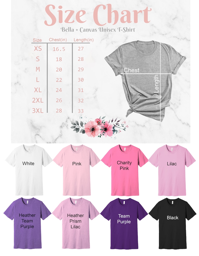 K&ouml;nnte beinhalten: Gr&ouml;&szlig;entabelle f&uuml;r Unisex-T-Shirts von Bella + Canvas. Die Tabelle zeigt Brust- und L&auml;ngenma&szlig;e in Zoll f&uuml;r die Gr&ouml;&szlig;en XS bis 3XL. Das Bild zeigt auch eine Vielzahl von T-Shirt-Farben, darunter Wei&szlig;, Rosa, Lila, Heather Team Purple, Heather Prism Lilac, Team Purple und Schwarz.