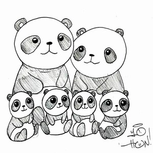 May include: A black and white pencil drawing of a panda family. Two adult pandas are sitting with their four cubs in front of them. The drawing is simple and cute.