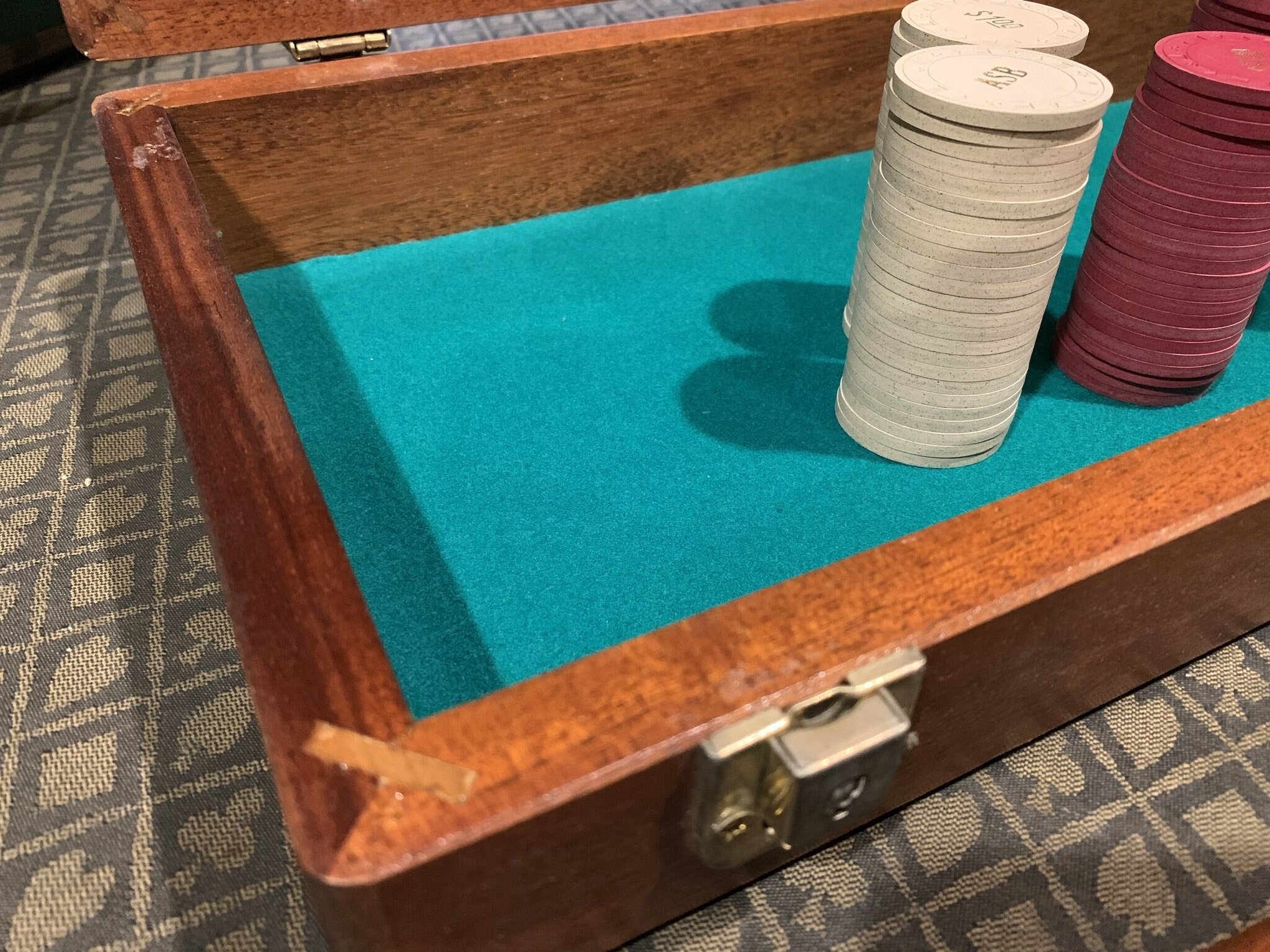 Clay Poker Chip Set Monogrammed ASB 3 Denominations 500 Chips in Wood