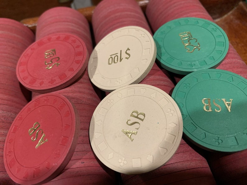 Clay Poker Chip Set Monogrammed ASB 3 Denominations 500 Chips in Wood
