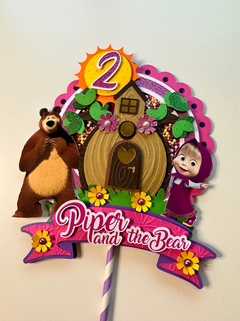 Cake Topper 3d Shaker para fiesta temática de Masha & Bear con nombre y edad imagen 8