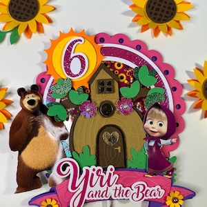 Cake Topper 3d Shaker para fiesta temática de Masha & Bear con nombre y edad imagen 4