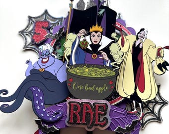 Cake Topper 3D Shaker for Disney Villains themed party - with name and age