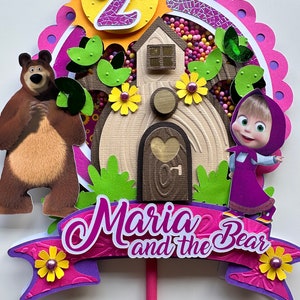 Cake Topper 3d Shaker para fiesta temática de Masha & Bear con nombre y edad imagen 1