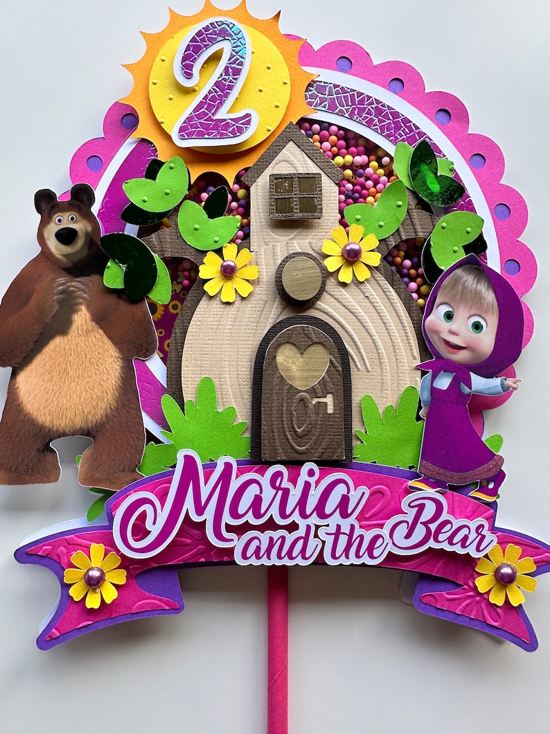 Cake Topper 3d Shaker para fiesta temática de Masha & Bear con nombre y edad imagen 1