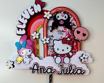 Topo de bolo 3D com shaker para festa temática da Kitty & Friends - com nome e idade.