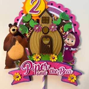 Cake Topper 3d Shaker para fiesta temática de Masha & Bear con nombre y edad imagen 7