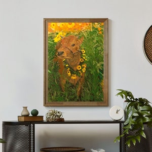 Impression de tournesol et de vache, impression de peinture à l’huile A5, carte de peintres, portrait d’animal de compagnie, art de vache des bois Cottagecore