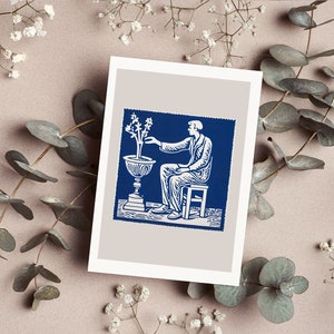 De stoïcijn, wenskaart, volkskunstprint, riso-print, blauw wit, modern abstract, minimalistisch interieur