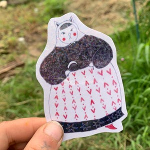 1 pegatina de vinilo de gato Babushka, pegatinas de brujas, niña y plantas, arte popular mágico eslavo, vinilo holográfico, arte ucraniano, hoz y martillo