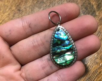 Sterling Silver 925 and Paua Shell Teardrop Pendant, Abalone Mother of Pearl, Ethnic Style Bezel, Reclaimed Vintage Jewellery