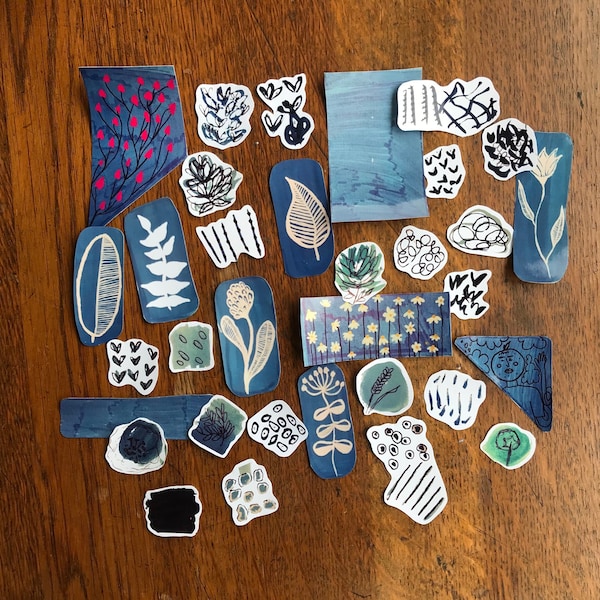 30PCS Blue Sticker Set, Hand Drawn, Handpainted, Squigle, Botanical, Journal  pack, Folk Art, Ephemera, , Mushroom, Bujo, Scandinavian