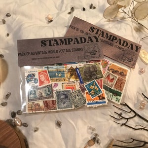 Juego de 50 o 100 sellos postales variados, efímeras vintage, diario basura, bulletjournal, diario de viaje, decoupage, papelería de boda, invitación