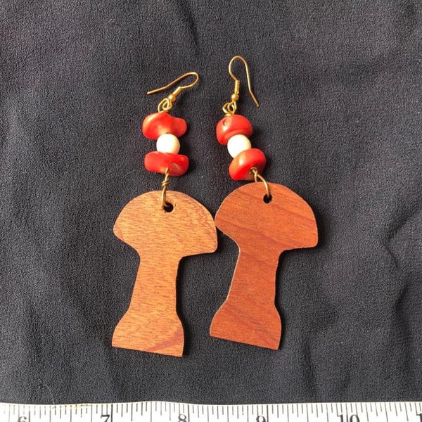 Mahogany Mushroom Earrings, Amanita Muscaria, Wooden Statement Earrings, Hand Cut Nature Lover Gift, Lightweight, Christmas Earrings