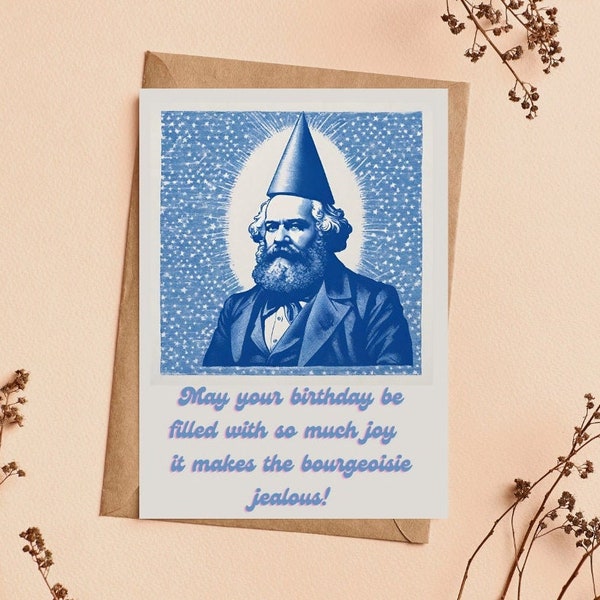 Karl Marx Party Hat Birthday Card, Riso Print Socialist Humour Gift