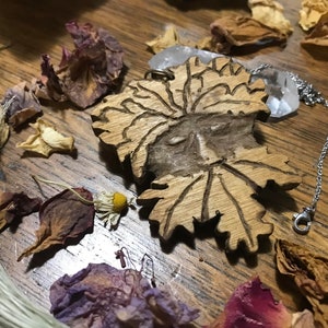 One of a Kind Green Man Pendant, Handmade Gift, Nature Spirit, Folk Carving, Celtic Mythology Folklore,  Botanical Walnut Wood Carving
