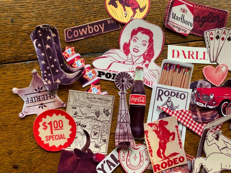 May include: A collection of vintage Western-themed stickers and ephemera, including a cowboy hat, a map of the cowboy country, a sheriff's badge, a bottle of Coca-Cola, a pair of cowboy boots, a red heart, a pack of playing cards, a matchbook, a red and white checkered pattern, a red and white sign that says "RODEO", and a sign that says "$100 SPECIAL".