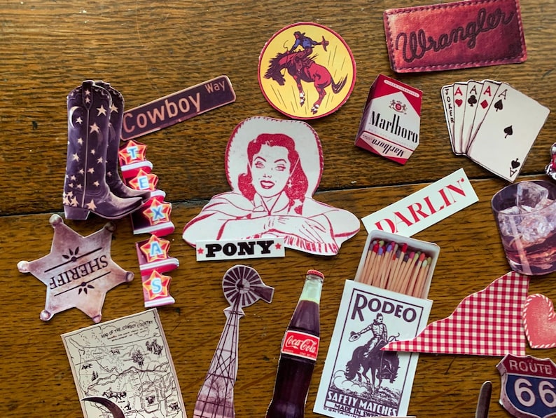 May include: A collection of vintage-style stickers featuring cowboy and western themes. The stickers include images of a cowboy riding a horse, a woman with a pony, a sheriff's star, a pair of cowboy boots, a map of Texas, a windmill, a pack of matches, a bottle of Coca-Cola, a red and white checkered bandana, and a sign that says "Route 66".