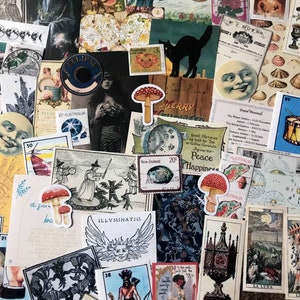 May include: A collage of vintage ephemera featuring illustrations of mushrooms, a black cat, a moon face, a drum, and a witch. The collage is made up of various papers, including postcards, maps, and playing cards. The colors are bright and vibrant, with a mix of red, blue, green, and yellow.