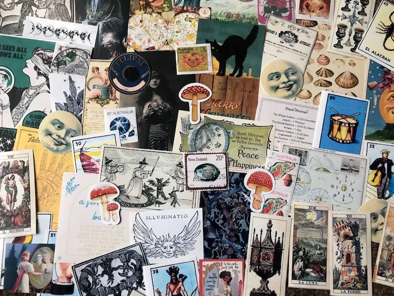 May include: A collage of vintage ephemera featuring illustrations of mushrooms, a black cat, a moon face, a drum, and a witch. The collage is made up of various papers, including postcards, maps, and playing cards. The colors are bright and vibrant, with a mix of red, blue, green, and yellow.