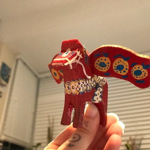 Handmade Dala Horse Pegasus, Personalised, Scandinavian Folk Art, Handcrafted Decor, Unique Customisable Gift, Blue, Red, Green, Mustard