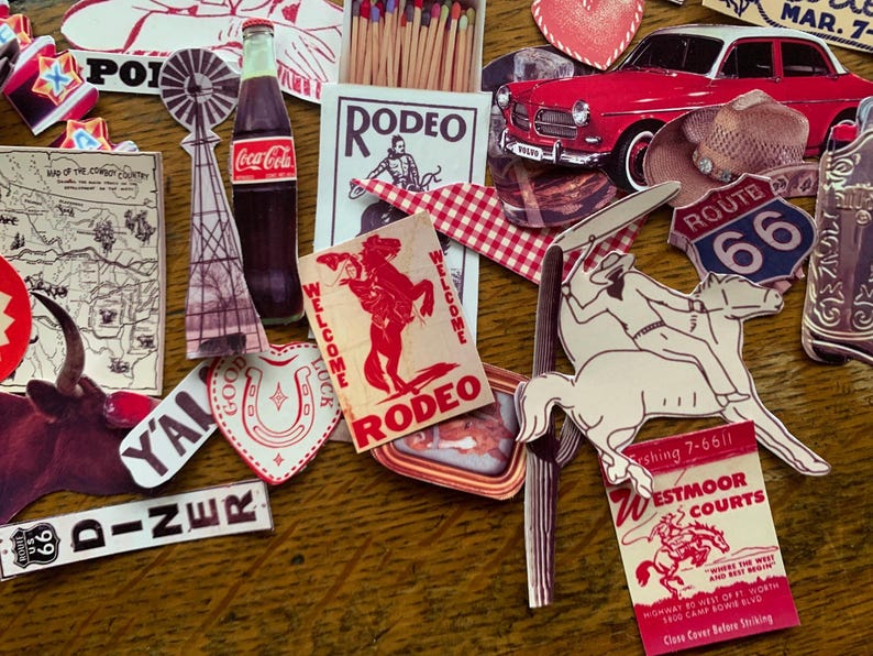 May include: A collection of vintage-style stickers featuring a red car, a cowboy on a horse, a bottle of Coca-Cola, a map of the cowboy country, a horseshoe, a windmill, a sign that says "Welcome to Rodeo", and a sign that says "Route 66".