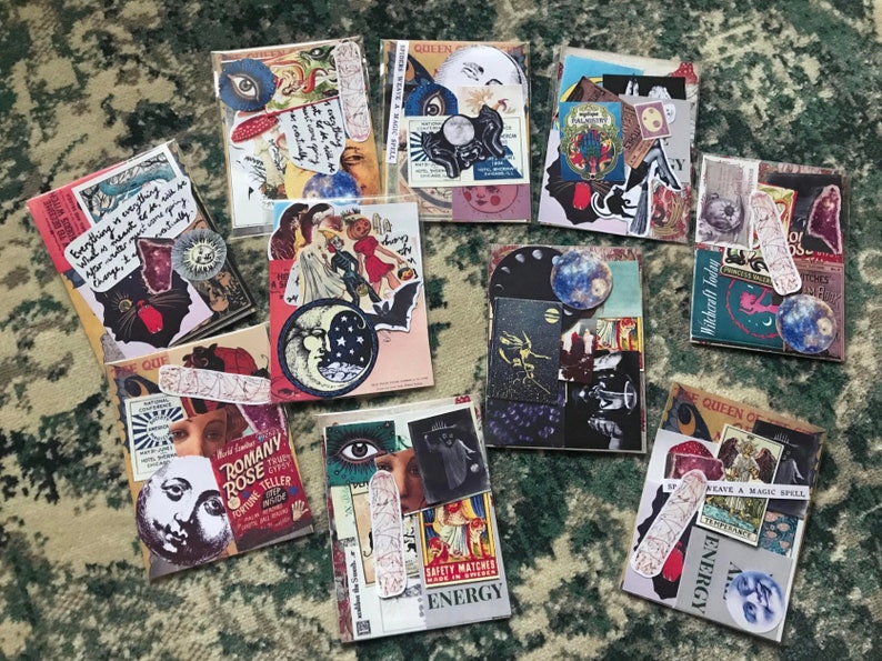 May include: A collection of nine collage cards featuring various images and text. The cards are decorated with a variety of images, including moons, stars, eyes, and other mystical symbols. The text on the cards includes phrases like "Witchcraft Today", "Queen of", "Weave a Magic Spell", and "Energy".