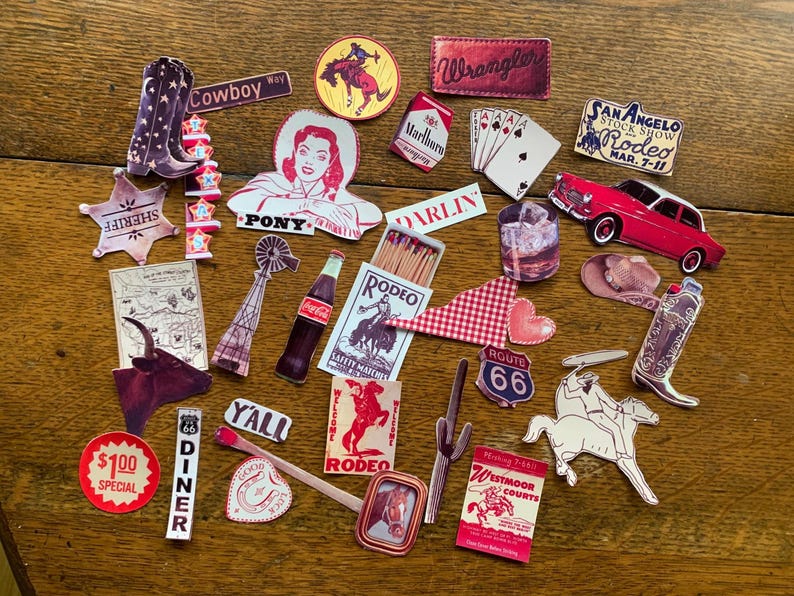 May include: A collection of vintage-style stickers featuring cowboy and rodeo themes. The stickers are colorful and feature images of cowboys, horses, and rodeo events. Some of the stickers have text, such as "Cowboy Way", "Wrangler", "Darlin", "Rodeo", and "Route 66".