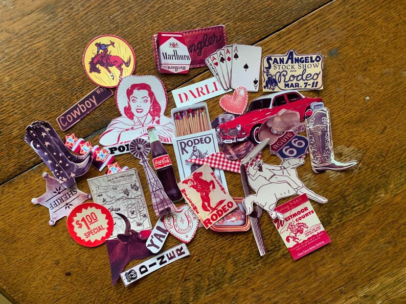 May include: A collection of vintage-style stickers featuring cowboys, horses, rodeo scenes, and Western-themed imagery. The stickers are printed on red, white, and blue paper with a distressed look. The stickers include text such as "Cowboy", "Rodeo", "San Angelo Stock Show", and "Route 66".