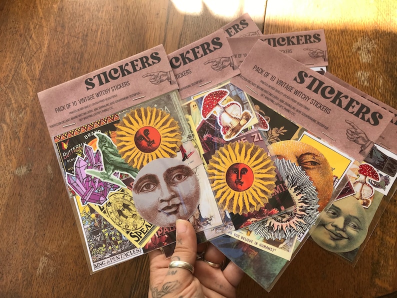 May include: A pack of 10 vintage witchy stickers featuring a variety of designs, including a sun with a face, a moon with a face, a butterfly, crystals, and mushrooms. The stickers are printed on clear vinyl and are perfect for adding a touch of whimsy to your journals, laptops, water bottles, and more.