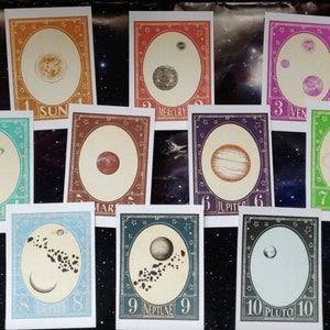 Lot de 10 autocollants en vinyle Planète, Système solaire, Correspondant, courrier postal, Cosmos, Objets de collection sur le thème de l'espace, Imperméable, Style timbre-poste