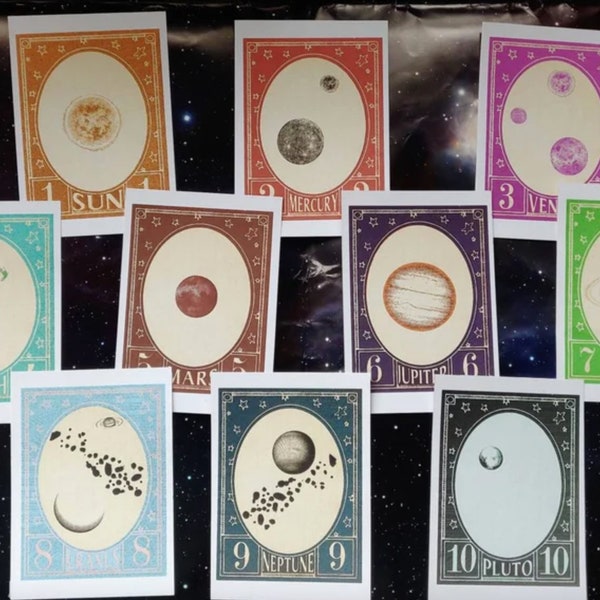 Set of 10 Planet Postcards And Cinderella Lick and Stick Stamps, The Solar System, Pen Pal Snail Mail, Cosmos, Space-themed Collectibles
