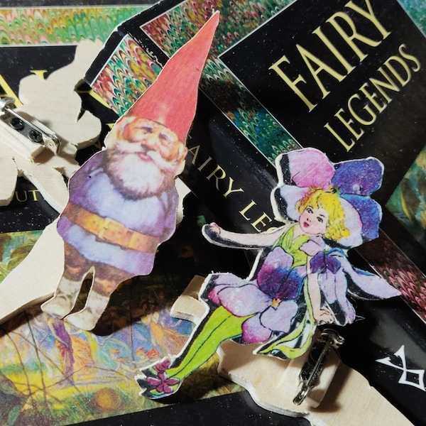 Gnome and Fairy Pinbadges, Handmade Wooden Woodland Pins