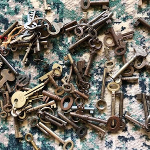 May include: A selection of vintage keys, showing a variety of shapes and sizes, arranged on a patterned background. The keys are made of metal, with tones of silver and bronze. Some keys have ornate features.
