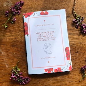 May include: A blue and white booklet titled "A Beginners Guide to Shadow Work: Getting to Know Your Dark Side and Letting it Go" by Lotusleafaltars. The cover features a stylised illustration of a head with leaves inside and a floral border.