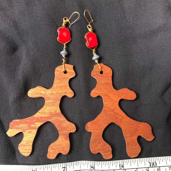 Handmade Coral Wood Earrings, Hand-cut Mahogany , Wooden Statement Earrings, Cottagecore Gift for Her