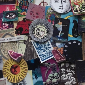 May include: A collage of vintage illustrations and images featuring a variety of themes, including astrology, witchcraft, and nature. The images are printed on paper and have a distressed, antique look. Some of the images include a sun, moon, stars, a spider web, a cat, a witch, and a skull.